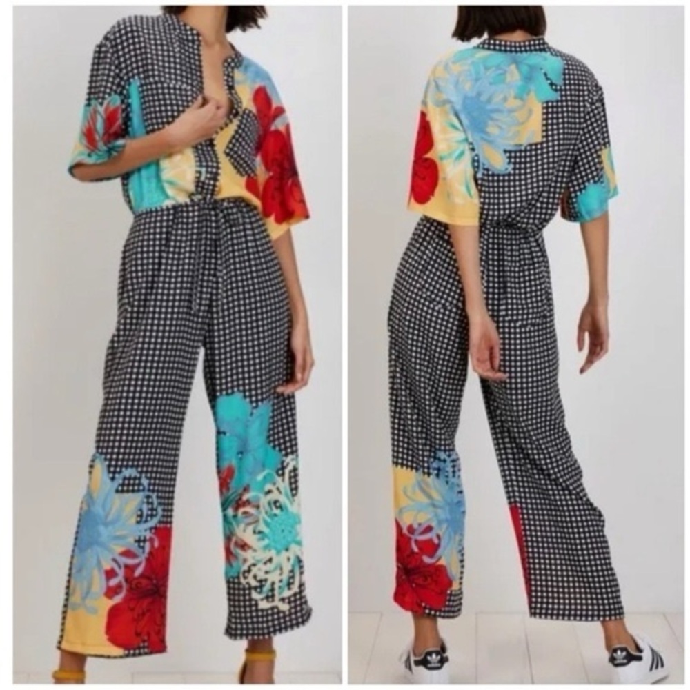 The Kit Issa jumpsuit in the Gingham Camellia Pattern Drawstring Waist XS